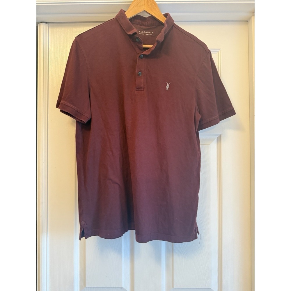 AllSaints Polo Shirt Mens XL Burgundy Ramskull Embroidered Short Sleeve Cotton